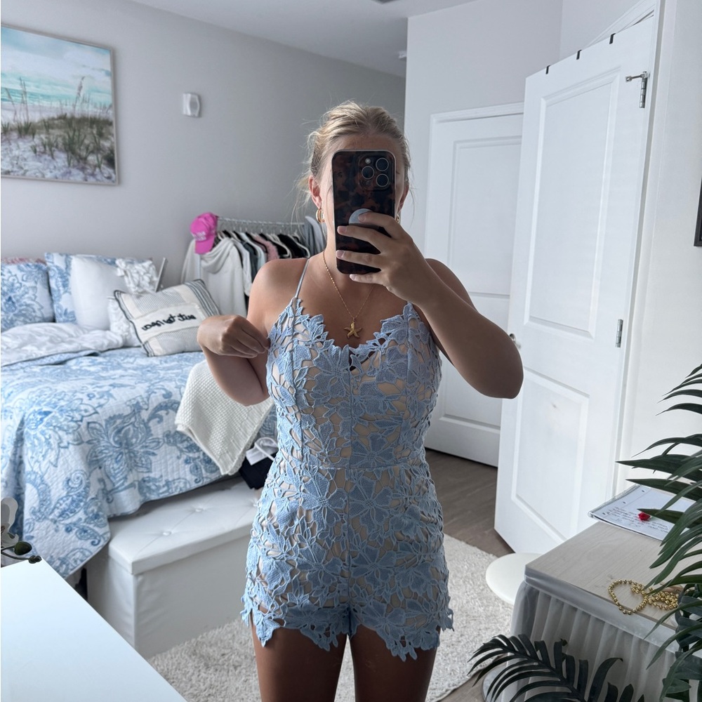 Francesca's Collections Light Blue Lace Romper